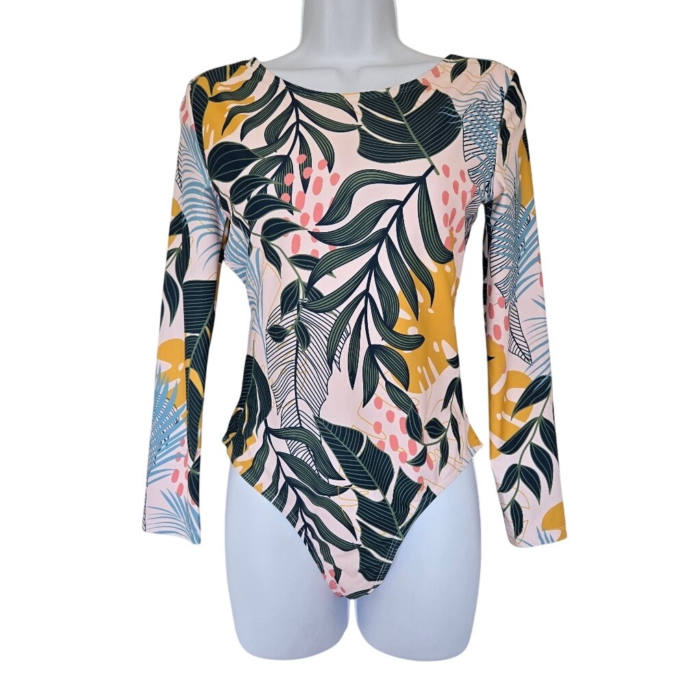 Long Sleeves Cross-Back Tropical Print Swimsuit Size M Summer Vacation UPF 50+ - Picture 2 of 10